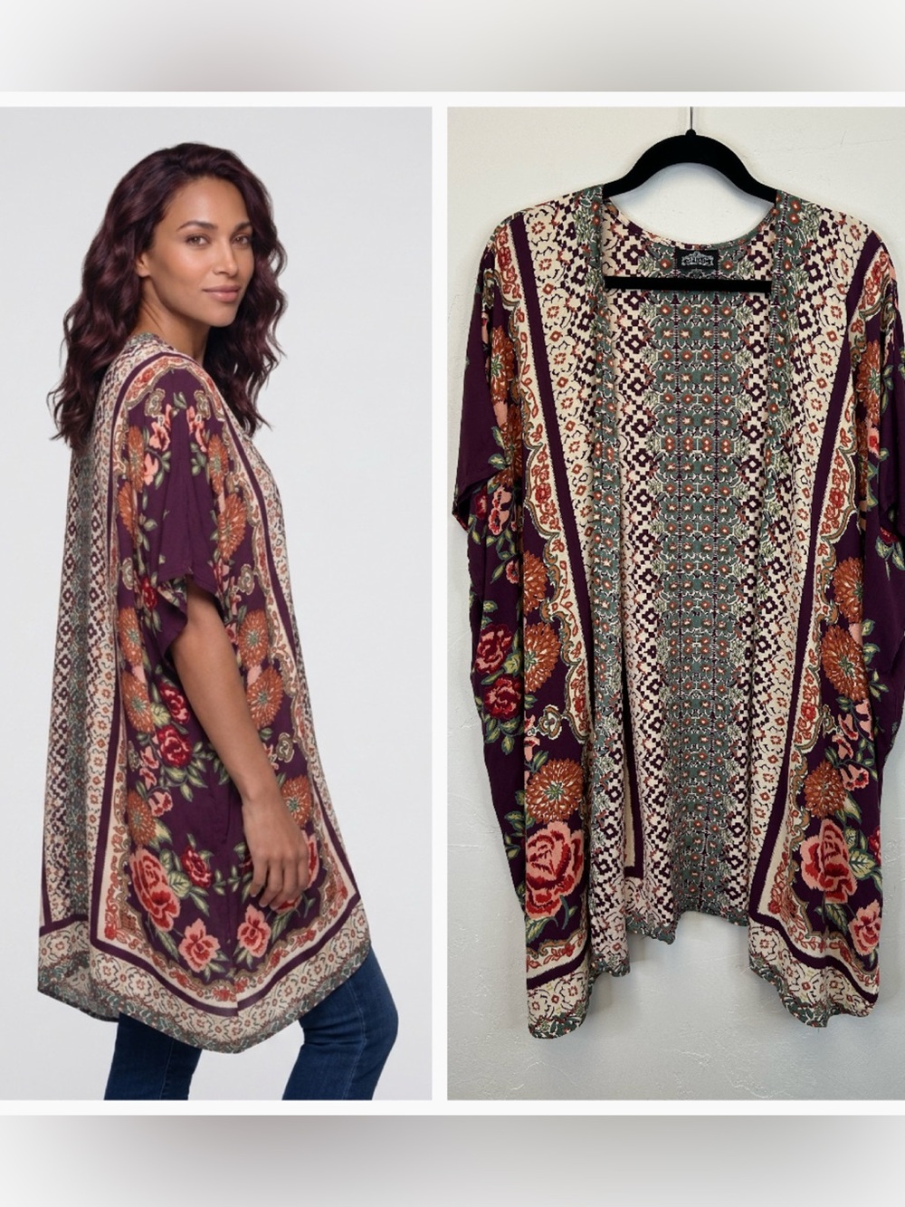 Boho Kimono Open Front One Size Floral Mid Length Beach Festival Hippie Artsy